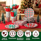 Funnymoom 400 Pcs Christmas Party Supplies for 50 Guests Gingham Paper Plates and Napkins Knives Spoon Fork Cup Disposable Checkered Dinner Party Cutlery for Baby Shower Wedding Favor (Red and Green) - Image 4