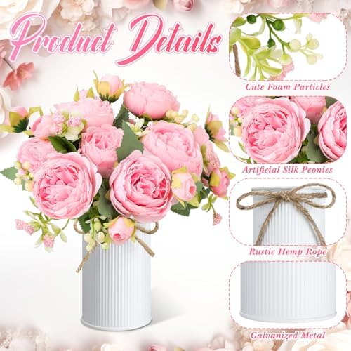 3 Sets Artificial Peonies Flower Peony Bouquet with Galvanized Metal Pot Silk Fake Peonies Faux Flower Arrangements for Wedding Table Centerpiece Party Home Room (Pink) - Image 3