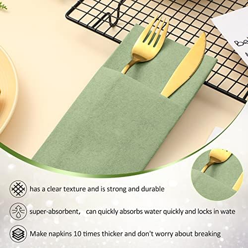 Cindeer 150 Pcs Sage Green Linen Dinner Napkins with Built in Flatware - Image 4