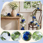Riceshoot 6 Pcs 26 ft Artificial Eucalyptus Vines Garland with Flowers Faux Floral Greenery Garlands Rose Wreath for Wedding Party Arch Table Decor Backdrop Decorations (Blue and White) - Image 3