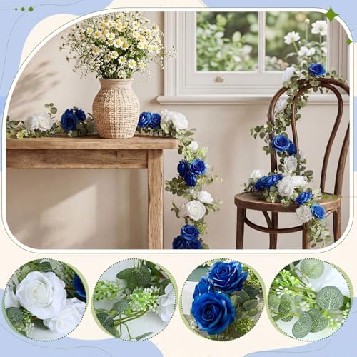 Riceshoot 6 Pcs 26 ft Artificial Eucalyptus Vines Garland with Flowers Faux Floral Greenery Garlands Rose Wreath for Wedding Party Arch Table Decor Backdrop Decorations (Blue and White) - Image 3