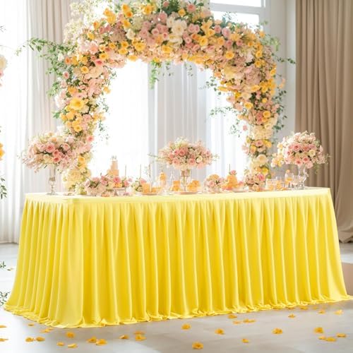 Wish Care Yellow Polyester Table Clothes for 8 Foot Rectangle Tables, Wrinkle Free Fitted Table Cover with Pleated Ruffle Table Skirt for Birthday Party Wedding Trade Show Event Display - Image 2