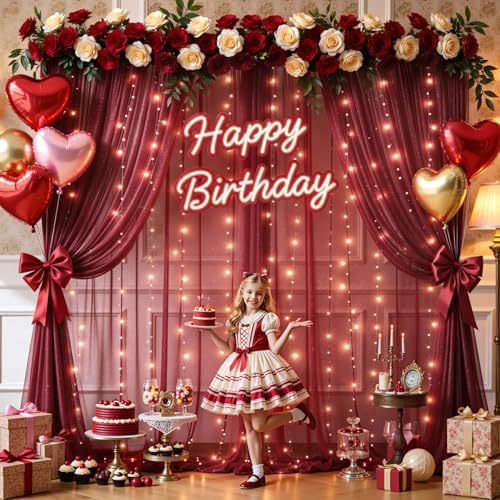 10x10FT Burgundy Wrinkle Free Backdrop Curtains with Lights String for Parties - Photo Curtain Backdrop with Lights for Wedding Decorations, Bridal Baby Shower Birthday Party Photography Background - Image 3