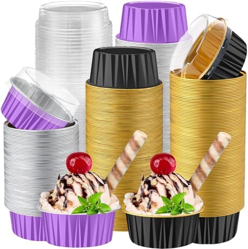 200 Pack Aluminum Cupcake Liners with Lids,Purple Black,Halloween by Gandeer