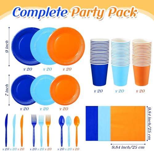 Ziliny 420 Pcs Orange Blue Plates Cups Napkins Sky Blue, Orange - Image 2