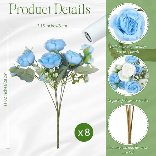 Geosar 8 Bundles Artificial Peonies Flowers,Blue, White - Image 2