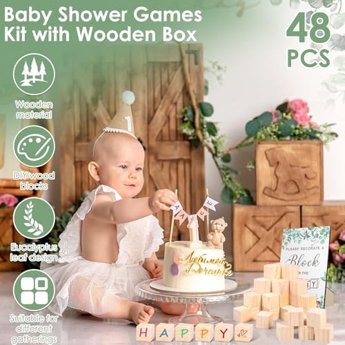 104Pcs Baby Shower Block Game Set, Funny Baby Shower Game Sign Kit with 12 Marker 48 Wood Cube 42 Stencils Wood Sign for Party - Image 4