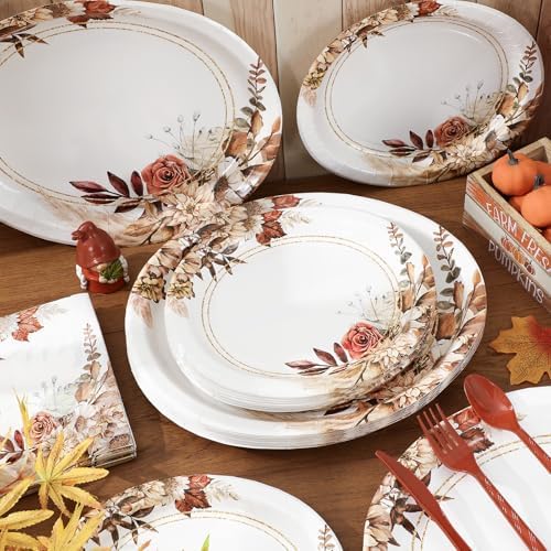 150 Pcs Boho Floral Fall Party Supplies Disposable Tableware Set Serves 25 Rustic Flower Oval Paper Plates Napkins Fork Spoon for Fall Autumn Birthday Baby Shower Wedding - Image 4