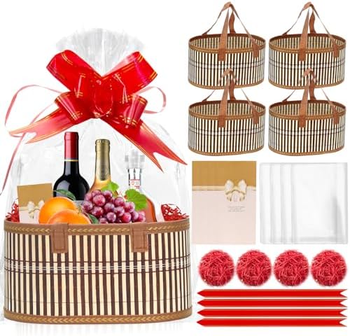 Mapaim Handwoven Bamboo Gift Baskets Empty - 4 Set Wicker Baskets with Handles, Gift Basket Kit for Baby Shower, Wedding & Holiday Gifts, Large & Reusable (Oval) by Unknown