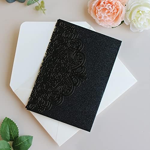 Hosmsua 5.12 x 7.2 50PCS Black Glitter Wedding Invitation Pocket with Envelopes, Laser Cut Lace Flora Invitation for Wedding Birthday Quinceanera Invite (No Inner Sheet) - Image 5
