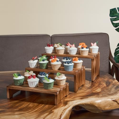 DAOYOUSKY Set of 3 Wooden Rustic Cupcake Stand for 24 Cupcakes, Stepped Wood Display Stand for Weddings, Tiered Party Buffet Table Display Nesting Riser for Food , Dessert, Cookie, Craft Show, Burnt - Image 2