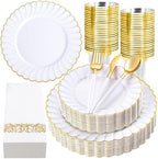 Ciaell 175 Piece White and Gold Plastic Plates for Weddings Parties by Ciaell