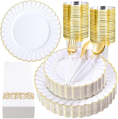 Ciaell 175 Piece White and Gold Plastic Plates for Weddings Parties by Ciaell