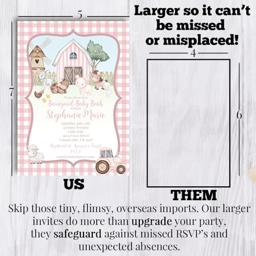 Amanda Creation Farm Baby Shower Girl Invitations, 20 Custom 5x7 Personalized Barnyard Baby Shower Invitations with Envelopes - Image 7
