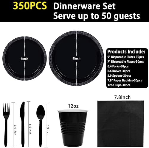 MirthMood 350PCS Black Disposable Plates,black plates disposable for party - Image 2