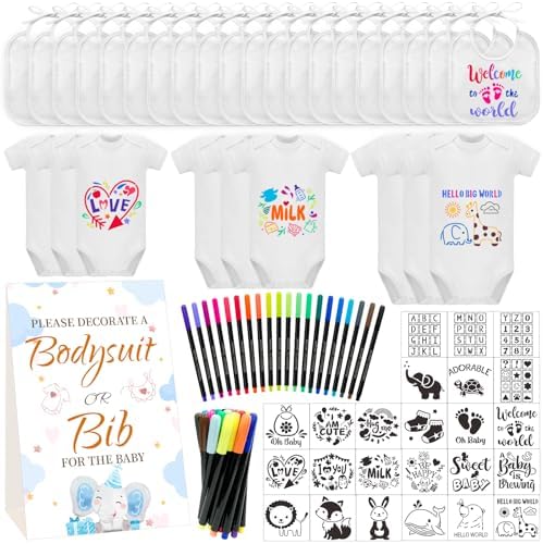 Bibs Bodysuits Baby Shower Game Sign Set Newborn Onesies Feeder Gift Fabric Marker Stencils Kit by Aisharery