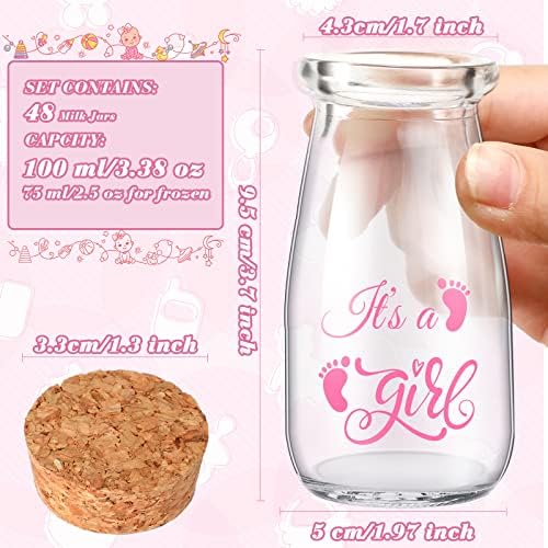 Sieral 48 Pcs 3.4 oz Small Glass Bottles Favor Jars with Cork Lids Baby Shower Decorative Milk Jar for Party Candy Decorations Souvenirs (It's a Girl) - Image 2
