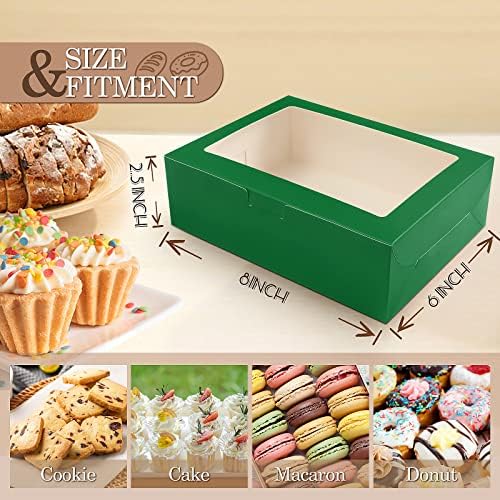 KPOSIYA 65 PCS 8x6x2.5 Inch Cookie Boxes with Window Green Bakery Boxes Pastry Boxes for Gift Giving, Treat, Dessert, Cupcakes, Chocolate, Strawberries, Donuts, Muffins (5 Style Windows) - Image 2