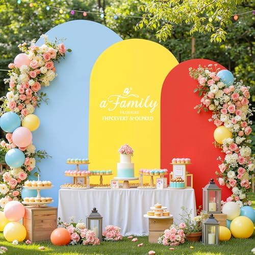 Red Yellow Blue Arch Backdrop Cover 3 Set-7.2FT, 6.6FT, 6FT Spandex Fitted Wedding Arch Stand Covers for Baby Shower Birthday Party Wedding Ceremony Photo Balloon Arch Stand Background Decorations - Image 2