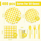Funnymoom 400 Pcs Gingham Party Supplies for 50 Guests Yellow and White Paper Plates and Napkins Knives Spoon Fork Cup Disposable Checkered Dinner Party Set Cutlery for Baby Shower Wedding Favor - Image 3