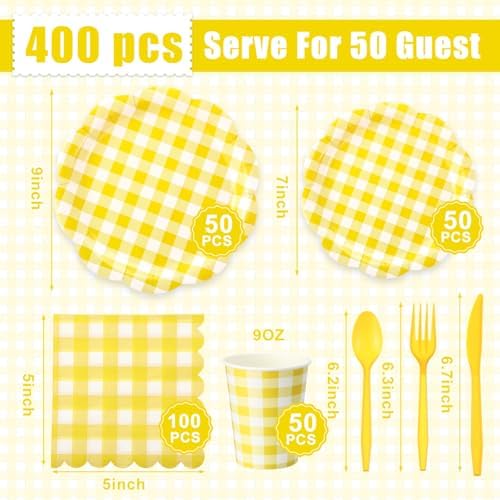 Funnymoom 400 Pcs Gingham Party Supplies for 50 Guests Yellow and White Paper Plates and Napkins Knives Spoon Fork Cup Disposable Checkered Dinner Party Set Cutlery for Baby Shower Wedding Favor - Image 3