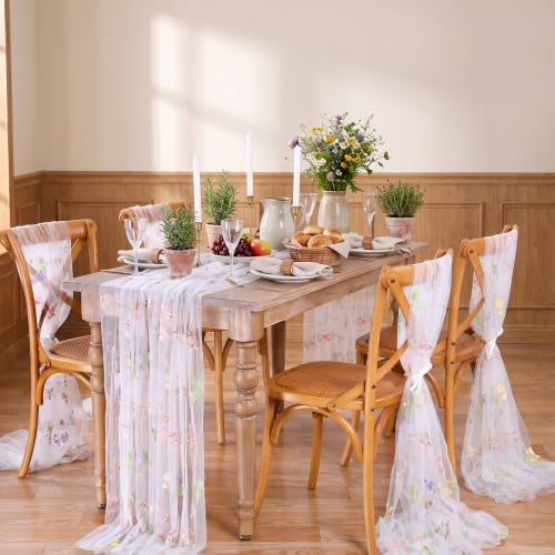 White Floral Table Runner Embroidery Floral 6pcs 10ft Tulle Spring Flowers - Image 3