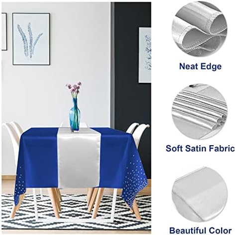 24Pack Disposable Plastic Tablecloths and Satin Table Runner Set Blue and Silver Dot Tablecloth Silver Satin Table Runner for Wedding Birthday Baby Shower Anniversary Christmas New Year Party Supplies - Image 3
