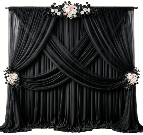 40ft x 10ft Black Backdrop Curtain Drapes, Wrinkle-Free Sheer Chiffon Fabric Photo Background Panels for Wedding Arch Party Ceremony Stage Photography Decorations by WishCare
