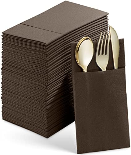 Disposable Linen-Feel Dinner Napkins With Built-in Flatware Pocket, 50-Pack BROWN Prefolded Cloth Like Paper Napkins For Wedding, Dinner Or Party by SERVIETTO