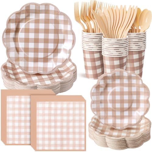 FillTouch 350 Pcs Brown Gingham Plates Napkins Cutlery Set for 50 Guests by FillTouch