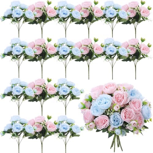 Geosar 16 Bundles Artificial Peonies Flowers,Light Pink, Light Blue by Geosar