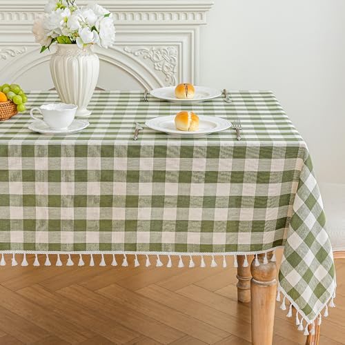 Green Gingham Table Cloth Rectangle, Cotton Linen Checkered, 55x120 Inch by Moinubone