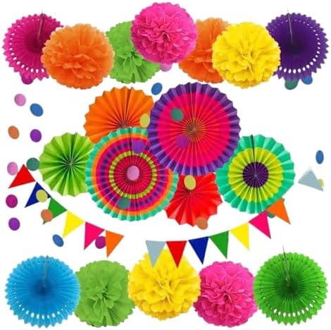 4 Set Party Decorations Colorful Paper Flower Fans Pom Poms Banners by Unknown