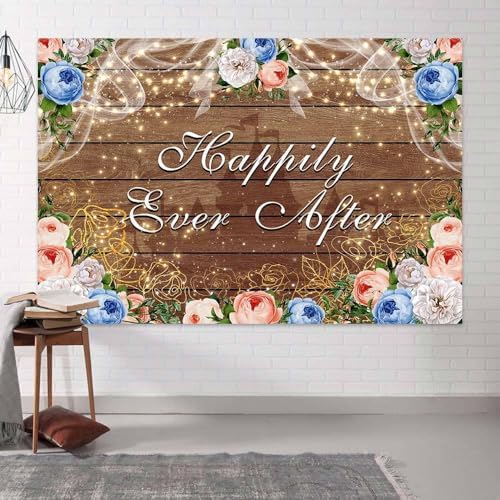 20x10ft Happily Ever After Backdrop Castle Princess Boho Wood Floral Wedding Party Background White Blue Golden Rose Bridal Shower Retirement Party Decorations Banner Photo Props - Image 4