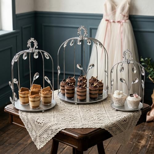 Set of 3 Metal Birdcage Cake Stand Set with Crystal Accents, Elegant Cupcake Holder Display for Wedding, Birthday, Baby Shower, Party Dessert Table Decorations (Silver, Set of 3) - Image 4