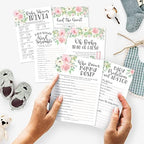 Hadley Designs 25 Floral Who Knows Mommy Best, Baby Prediction And Advice Cards, 25 Word Scramble, True Or False, 25 Trivia Game, Find The Guest-6 Double Sided Cards for Baby Shower - Image 2