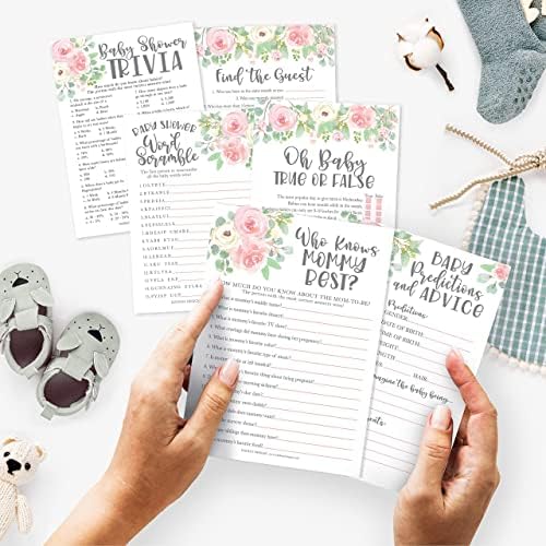 Hadley Designs 25 Floral Who Knows Mommy Best, Baby Prediction And Advice Cards, 25 Word Scramble, True Or False, 25 Trivia Game, Find The Guest-6 Double Sided Cards for Baby Shower - Image 2