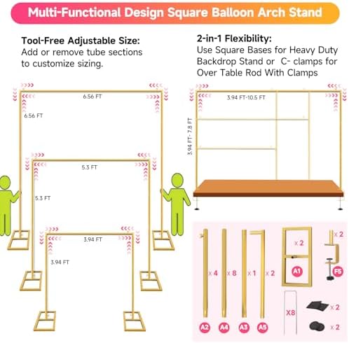 Square Backdrop Stand, Wedding Arch Heavy Duty Adjustable Stand, Over The Table Rod Stand with Clamps, Metal Gold Garden Balloon Frame for Baby Shower Party Decoration - Image 2