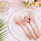 bUCLA 300PCS Rose Gold Plastic Dinnerware - Clear Dinnerware Set Disposable Include 50 Dinner Plates,50 Dessert Plates,50 Knives,50 Forks,50 Spoons,50 Cups for Party & Wedding - Image 5