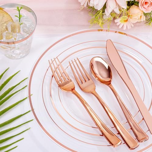 bUCLA 300PCS Rose Gold Plastic Dinnerware - Clear Dinnerware Set Disposable Include 50 Dinner Plates,50 Dessert Plates,50 Knives,50 Forks,50 Spoons,50 Cups for Party & Wedding - Image 5