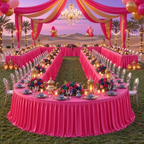 Partisky Hot Pink Polyester Table Skirt for Rectangle Tables 17ft, Wrinkle Resistant Pleated Ruffle Table Cloth for Wedding Baby Shower by Partisky