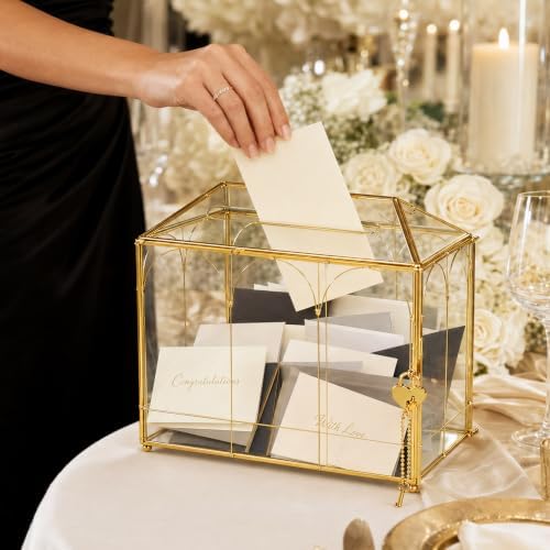 Glass Cards Box with Slot & Lock - 10.2" x 5.9" x 8" Vintage Geometric, Wedding Receptions, Home Reception, Tabletop Decor, Christmas Party, Gold - Slot Length 6.1 Inches - Image 4