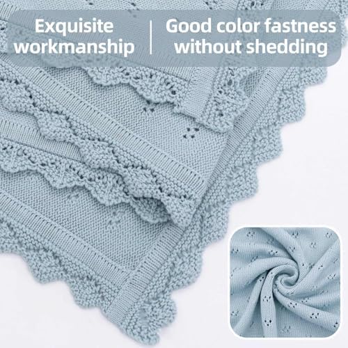 LifeTree Knit Baby Blanket & Hat, 100% Cotton Soft Swaddle & Receiving Blanket for Toddler, Lightweight & Breathable Newborn Blanket Unisex for Crib, Stroller, 31X40 Inches, Shower Registry Gift, Blue - Image 3