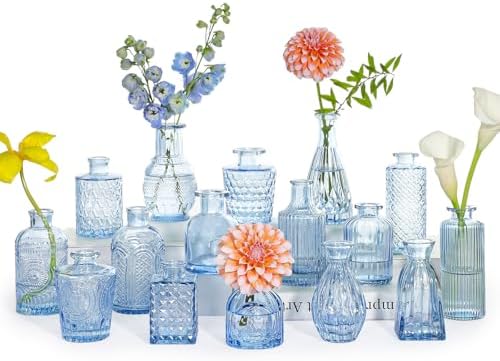 SUPMIND 16P Blue Glass Bud Vases, Small Flower Vases for Table Centerpieces by SUPMIND