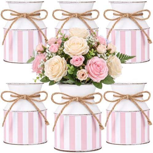 Domensi 6 Pcs Farmhouse Metal Flower Vase, Pink Striped Table Centerpiece by Domensi