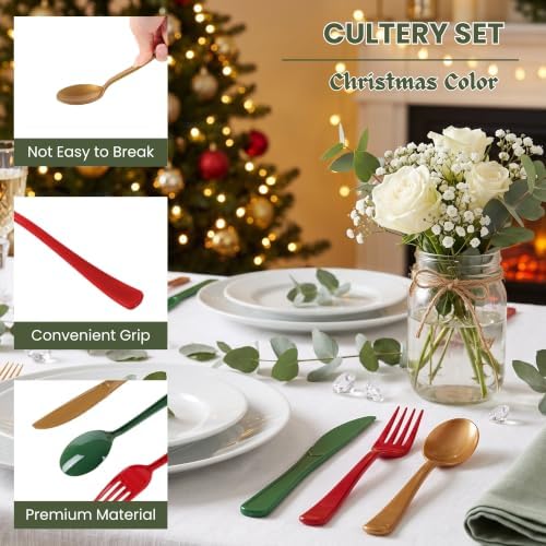 300Pcs Christmas Plastic Silverware Set, Disposable Full Size for Dinner - Image 3
