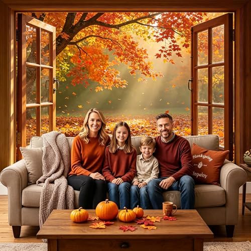 8x6FT Fall Window Backdrop, Autumn Forest Maple Leaves Photo Background - Image 6