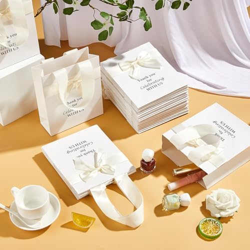 50 Pcs Wedding Gift Bags for Guests Bulk with Bow Ribbon Handles 6.2x7.2x2.5 Inch Wedding Favor Bag Thank You Gift Bags for Party Favor Bridesmaid Bags Bridal Shower Valentine Birthday Supplies(Beige) - Image 5