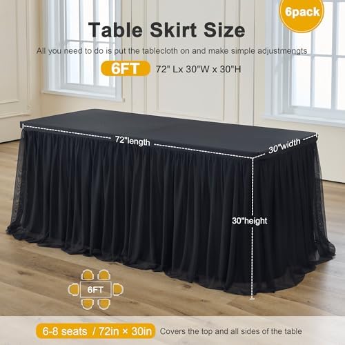 familus Black Table Cloths 6 Foot Rectangle 6 Pack Stretch Ruffle Tulle Tablecloth Spandex Fitted Table Cover for 6 Foot Tulle Table Skirts for Party Wedding Table Cloths, Banquets - Image 3