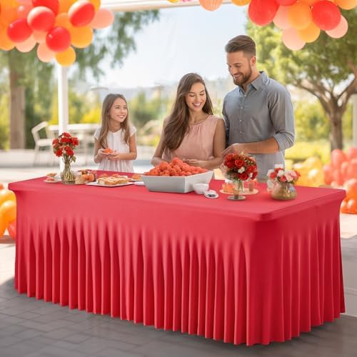 PARTISKY Red Spandex Tablecloth for 8ft Rectangle Tables, Stretchable Table Cover Skirt for Folding Tables Weddings Parties Banquets Events Trade Shows and Dessert Table - Image 2